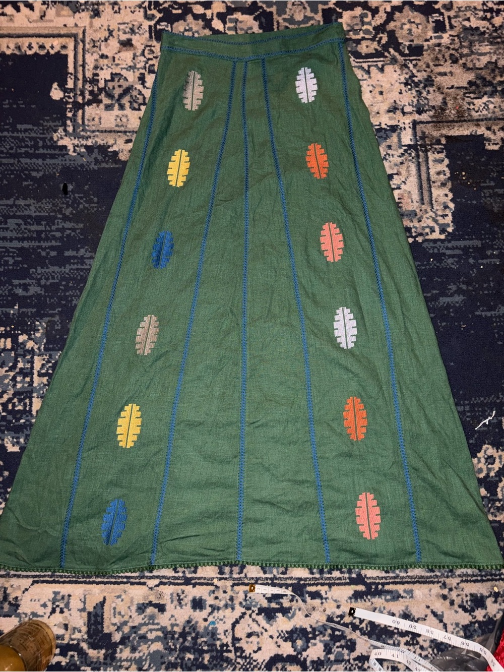 Zara Green A-Line Maxi Skirt with Colorful Oval Appliqués